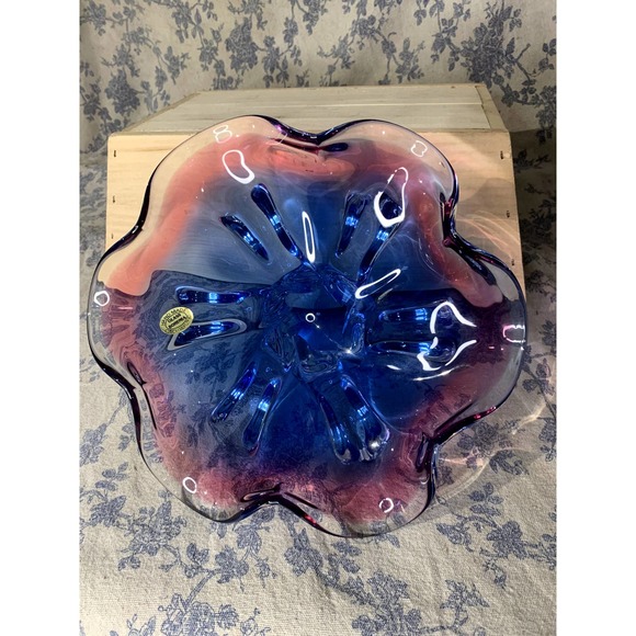 Pink Blue Hand Made 10" Glass Pedestal Bowl Bohemia Czech Republic Glass MCM - Picture 7 of 12